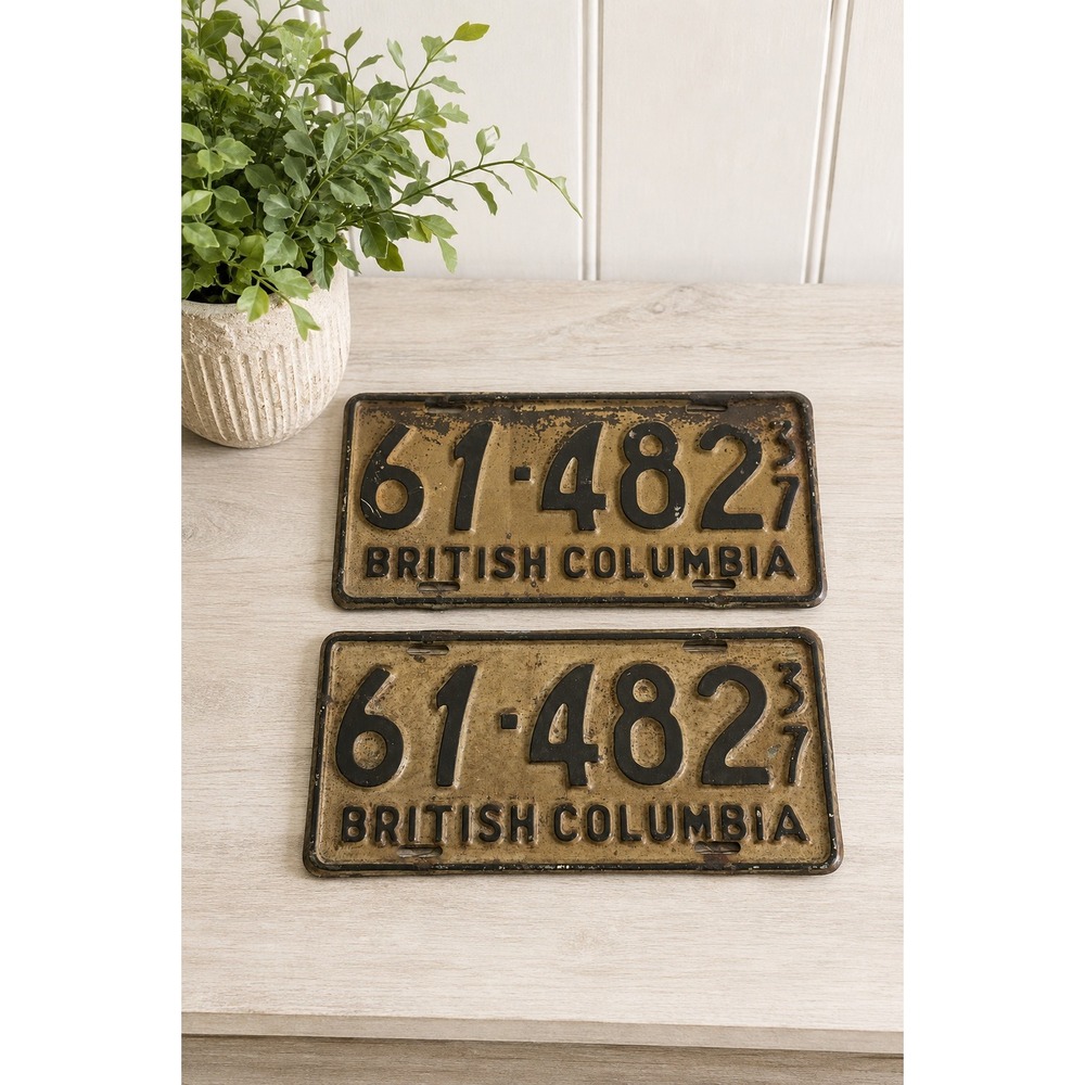 Vintage 1937 British Columbia License Plate Matching Numbers Automobilia Garage